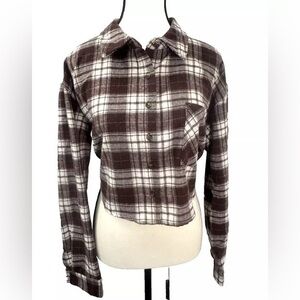 Buffalo Plaid Crop Shirt Teen Girls Trendy Button Pocket Cardigan Long Sleeve L